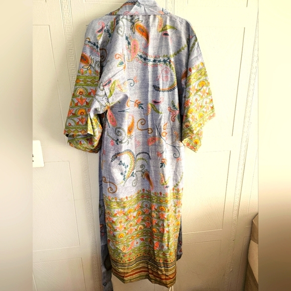 Kimono Granfoulard Bassetti  S/M Long 100% Cotton Belt Blue Green Orange Floral - Picture 7 of 15